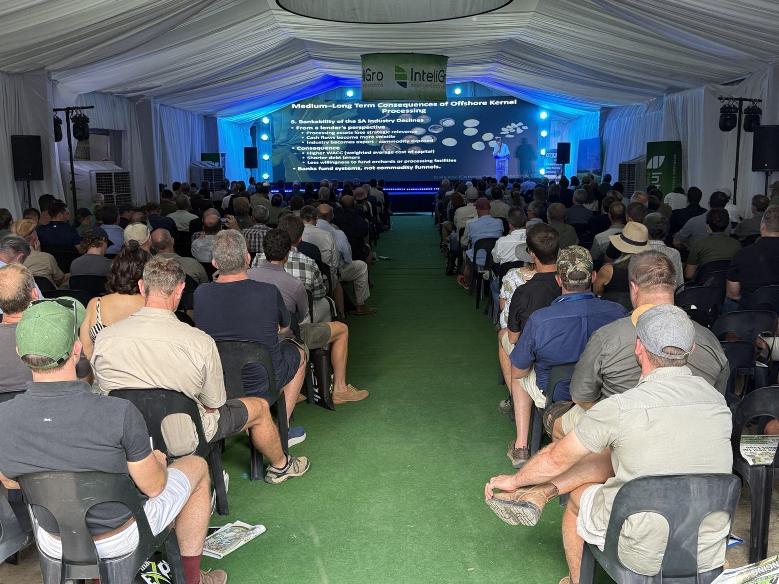 A packed marquee of growers watching a presentation on macadamia processing